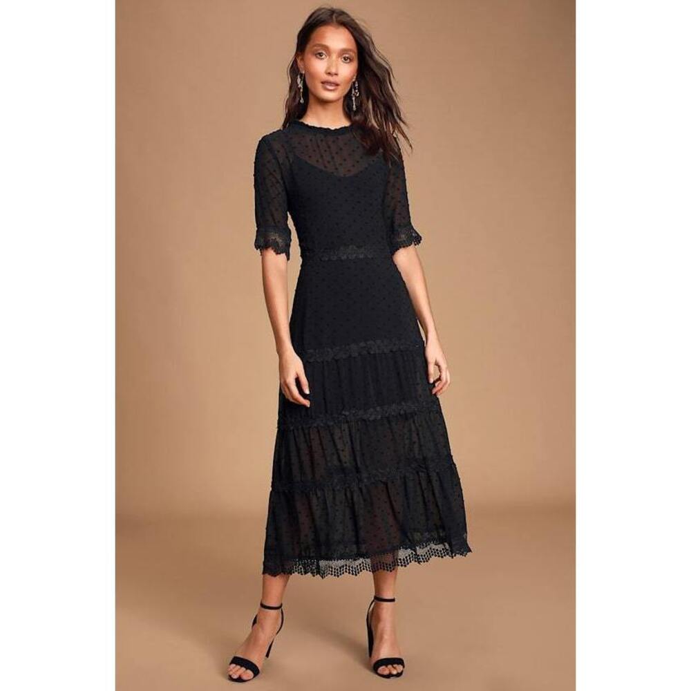 Lulus Dreaming Of You Black Swiss Dot Midi Dress - Size L